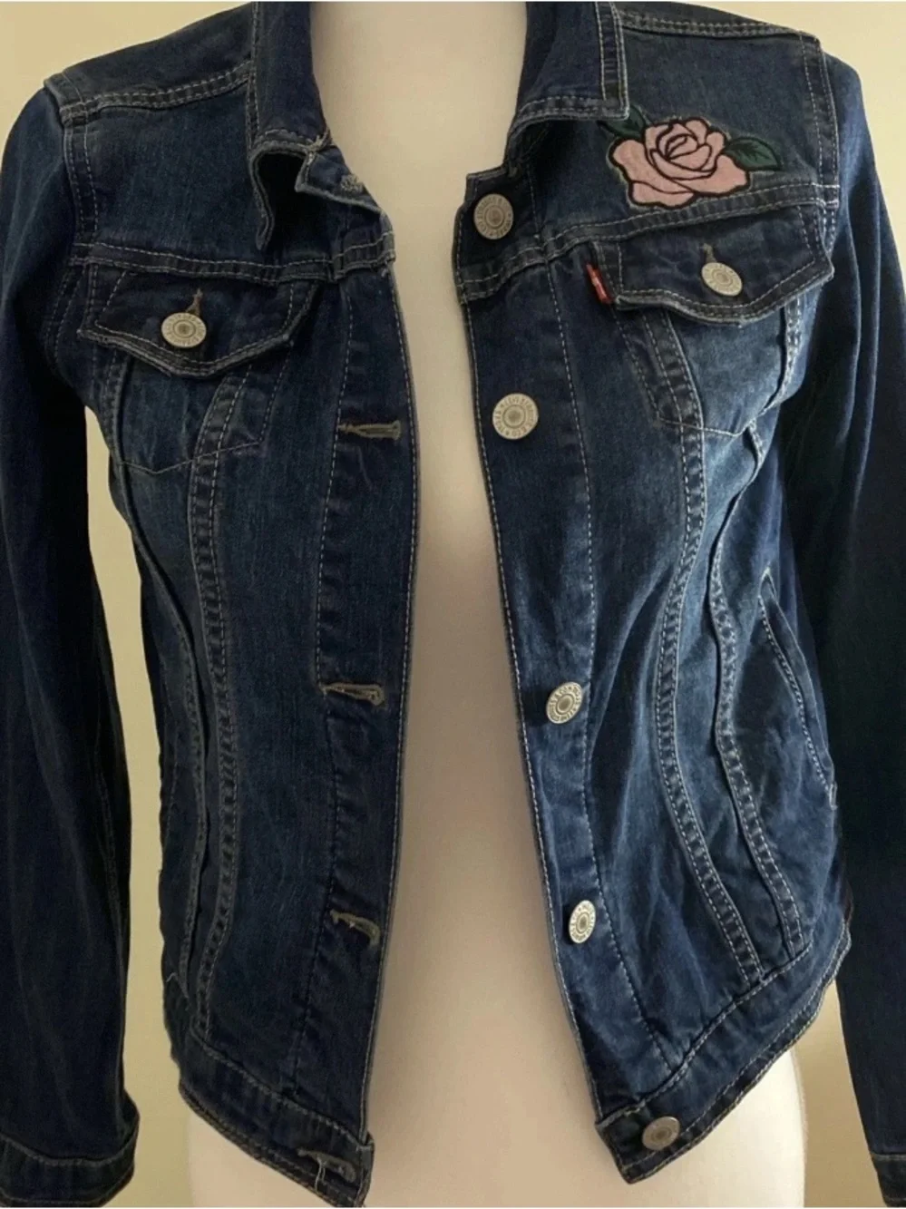 Levi's Blue Denim Jacket with Pink Rose Patch